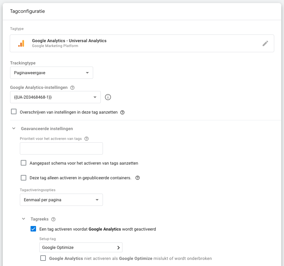 Google Optimize tag koppelen met Google Analytics tag