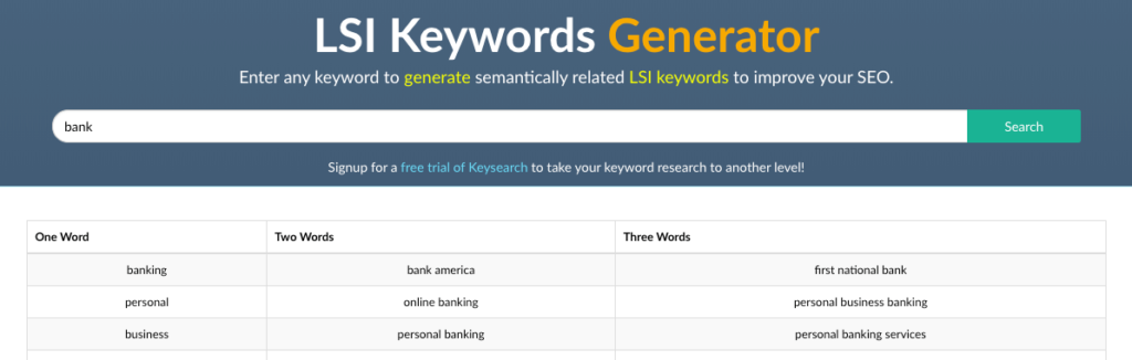 Screenshot LSI Keyword Generator Bank