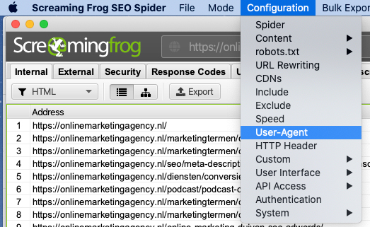 User agent screaming frog