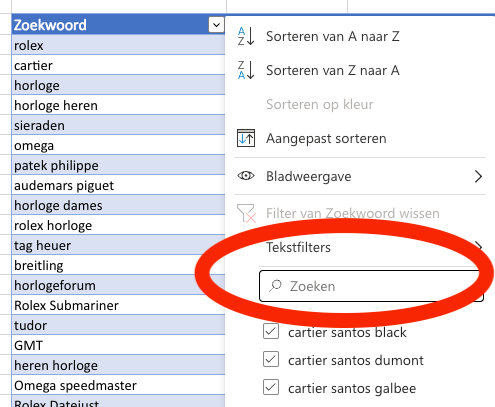 Zoekwoordanalyse Excel tabel filteren