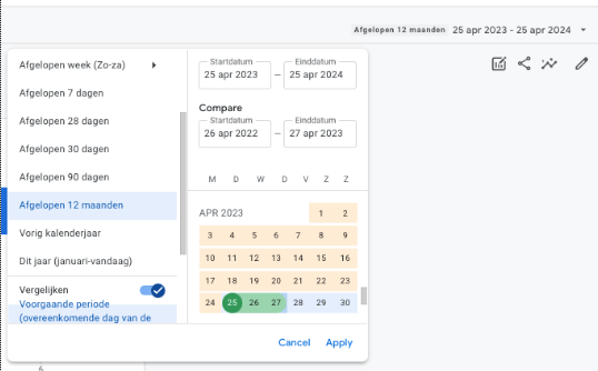 Zo kun je binnen GA4 een periode selecteren en:of vergelijken