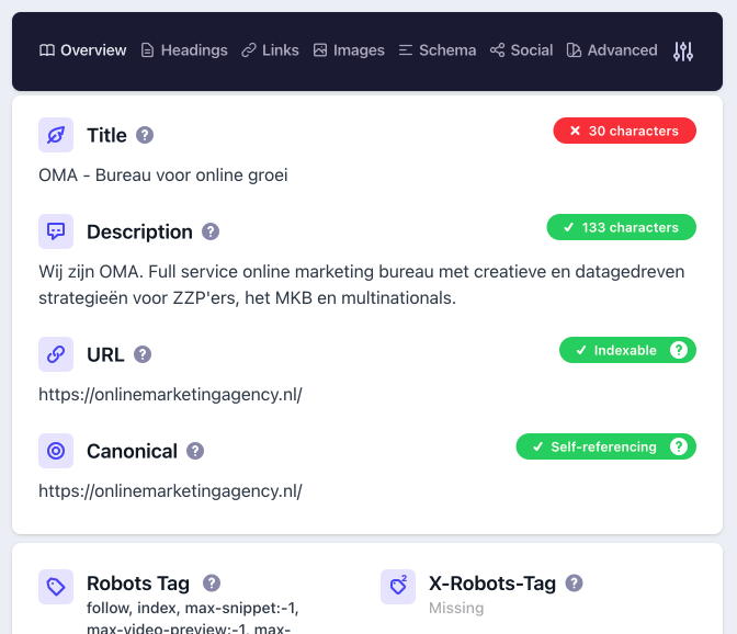 Voorbeeld screenshot van de Detailed SEO Extension