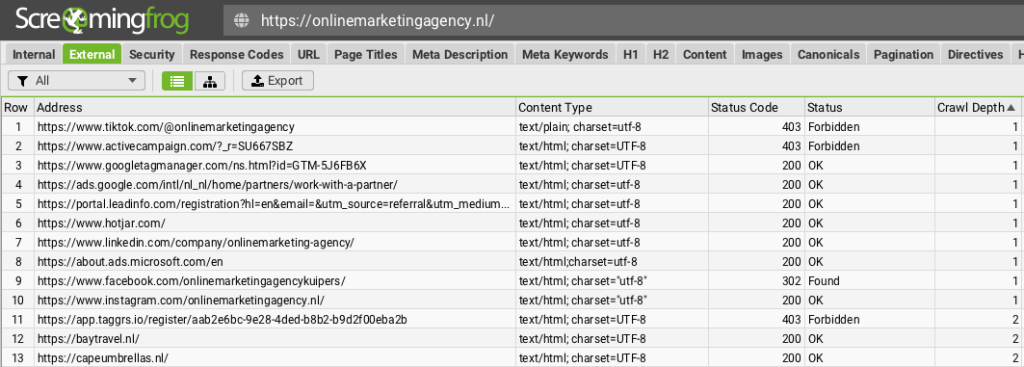 uitdraai screaming frog van alle uitgaande links