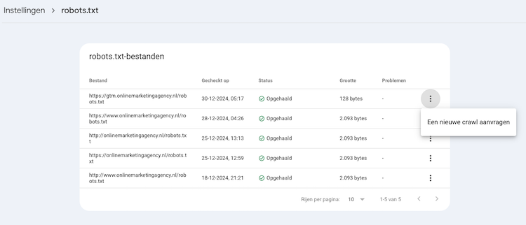 gsc robots-txt nieuwe crawl aanvragen