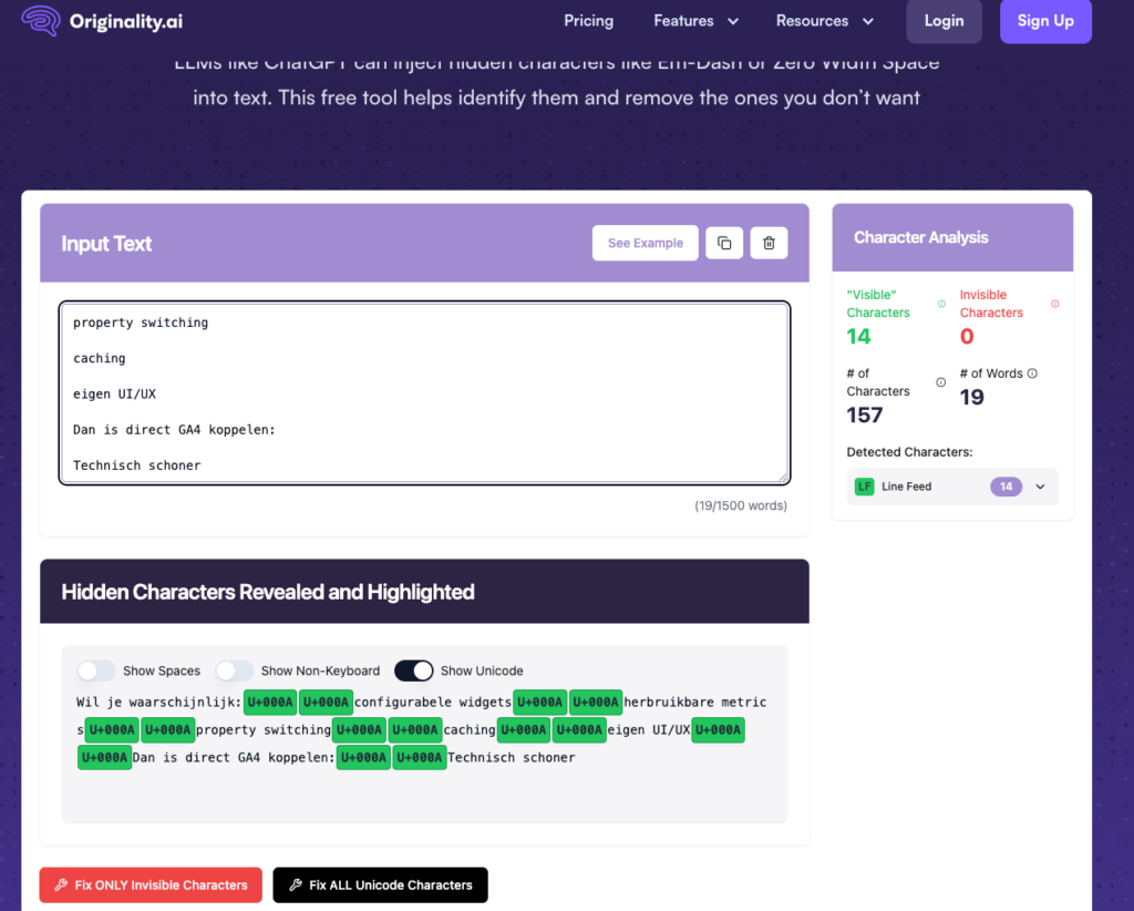 Unicode in AI-teksten: het onzichtbare kruimelspoor van ChatGPT? 1 AI unicode check tool - originality