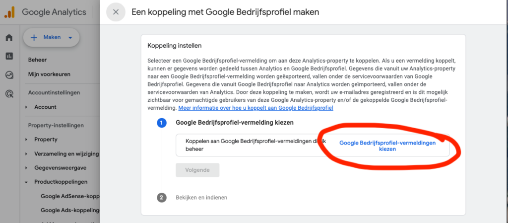 Google bedrijfsprofiel-vermeldingen kiezen in GA4 koppeling met GMB
