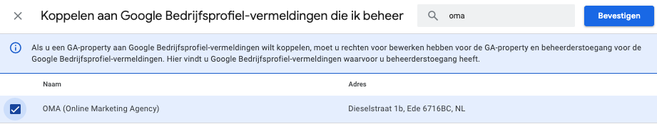 Selecteer je GMB profiel en klik op bevestigen